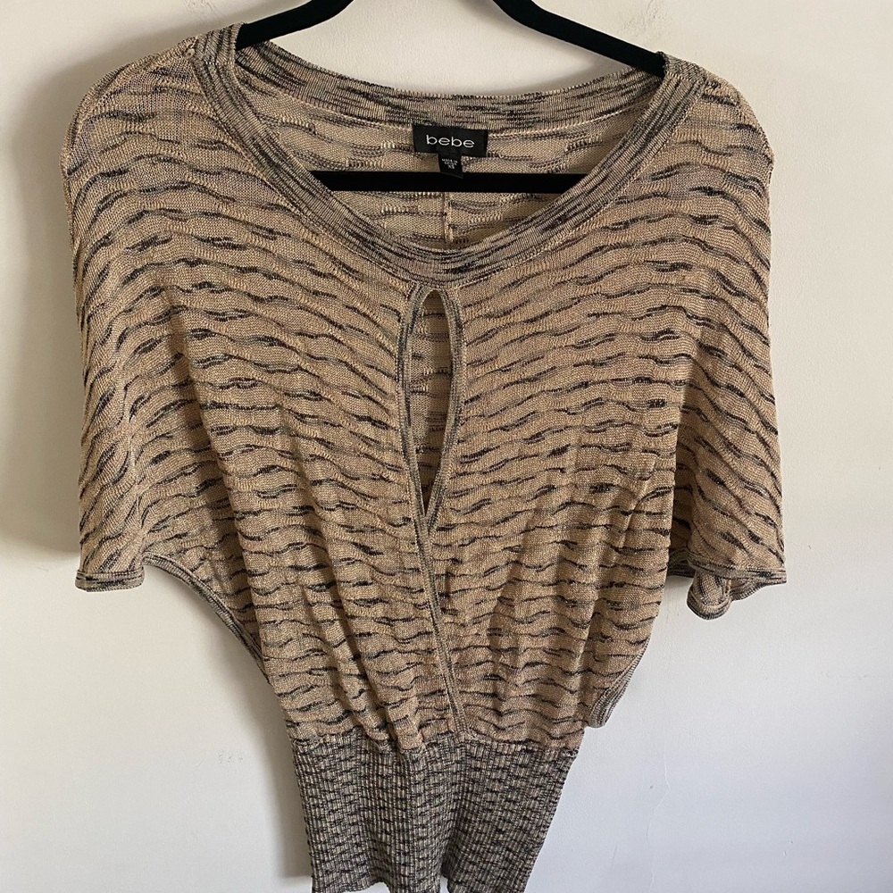 Bebe Beige and Black Patterned Sweater With Metallic Threads Going Out Top